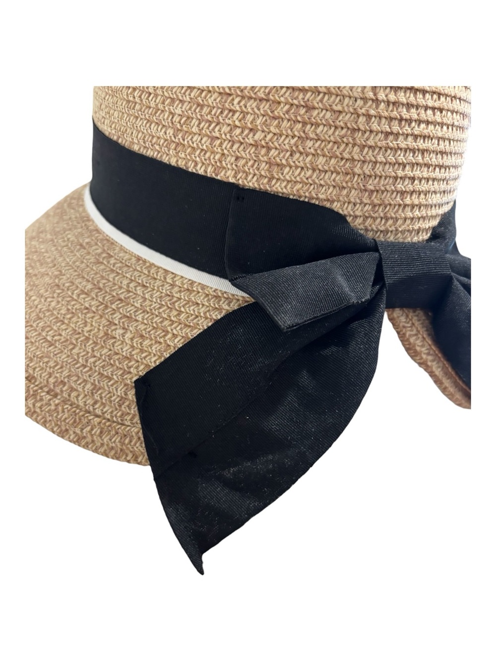 VTG COMHATS WOVEN STRAW SUN HAT BLACK & WHITE GROSGRAIN RIBBON COTTAGECORE SZ 8 - Picture 6 of 8